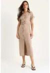 Rochie midi cu nasturi dama -  decolteu in V - poplin - bej