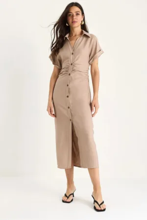 Rochie midi cu nasturi dama -  decolteu in V - poplin - bej