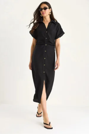 Rochie midi cu nasturi dama -  decolteu in V - poplin - negru