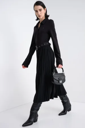 Rochie midi cu pliuri - maneci lungi si o curea