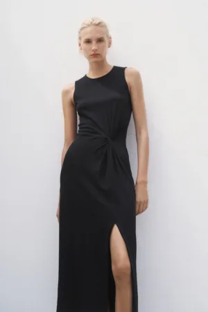 Rochie midi cu slit frontal si fronseu