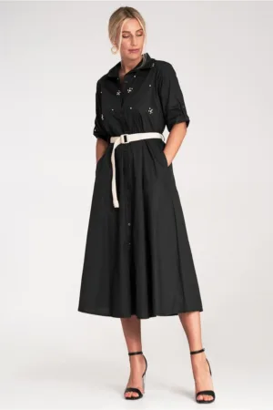 Rochie midi - cu strasuri - neagra - tip camasa -