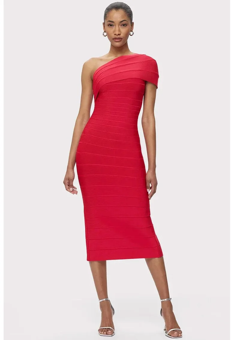 Rochie midi cu umarul gol si efect de sculptare a siluetei HL1