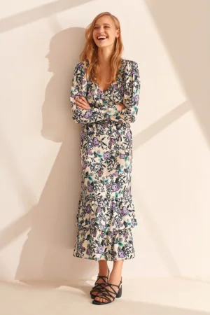 Rochie midi cu volane - decolteu in V si model floral