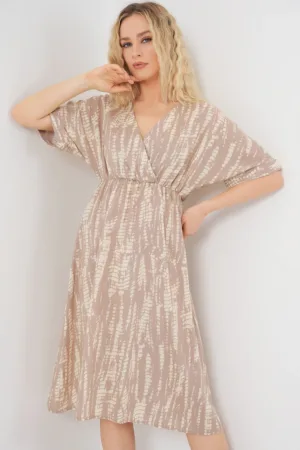 Rochie midi dama - HiCCUP cu decolteu in V - viscoza - bej