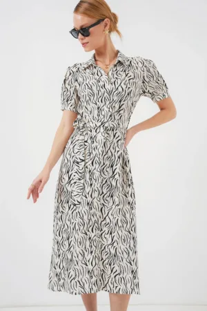 Rochie midi dama HiCCUP - imprimeu floral - viscoza - alb/negru