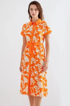 Rochie midi dama HiCCUP - imprimeu floral - viscoza - portocaliu/crem