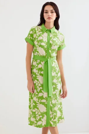 Rochie midi dama - HiCCUP - imprimeu floral - viscoza - verde/crem