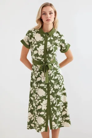 Rochie midi dama HiCCUP - imprimeu floral - viscoza - verde/crem