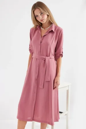 Rochie midi dama HiCCUP - poliester/lycra - cu guler camasa si cordon - roz