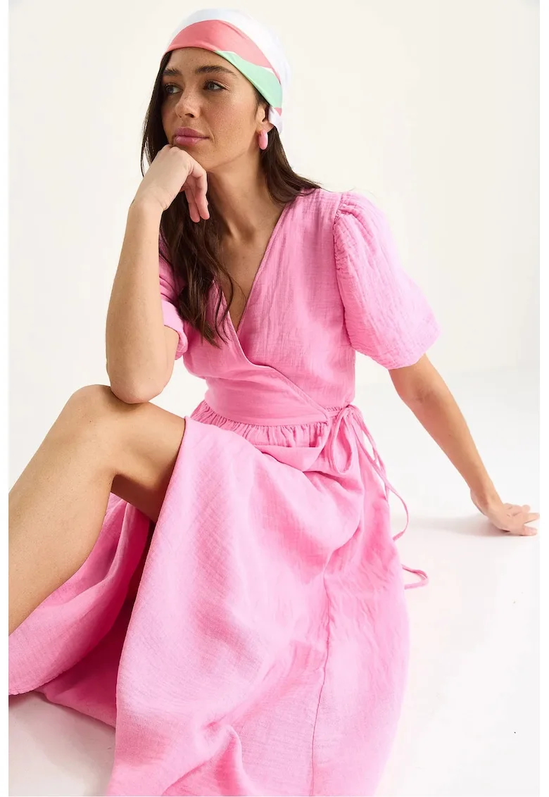 Rochie midi dama -  bumbac - decolteu in V - roz