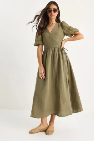 Rochie midi dama -  bumbac - decolteu in V - verde