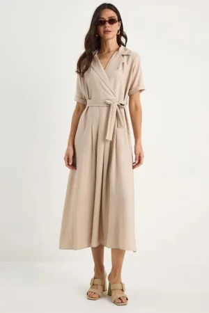 Rochie midi dama  cu cordon - bumbac/elastan - bej