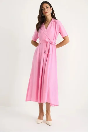 Rochie midi dama  cu cordon - bumbac/elastan - roz