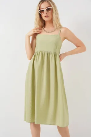 Rochie midi dama -  cu decolteu patrat - viscoza/nylon - verde