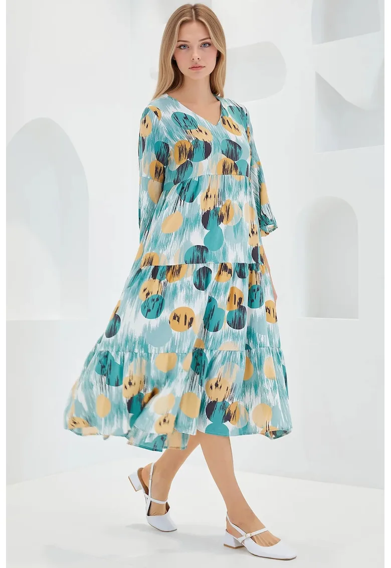 Rochie midi dama HiCCUP - decolteu in V - viscoza - multicolor