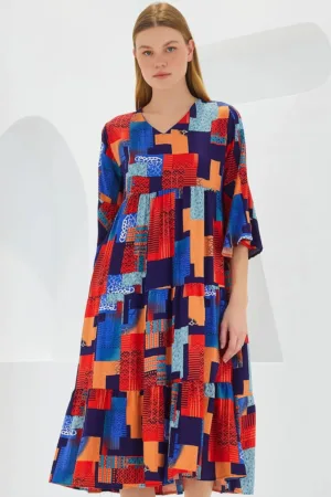 Rochie midi dama -  decolteu in V - viscoza - multicolor