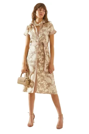 Rochie midi dama -  imprimeu floral - bumbac/poliester - maro/alb