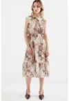 Rochie midi dama HiCCUP - imprimeu floral - poliester - maro/bej