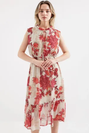 Rochie midi dama HiCCUP - imprimeu floral - poliester - rosu/bej