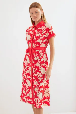 Rochie midi dama  imprimeu floral - viscoza - Rosu