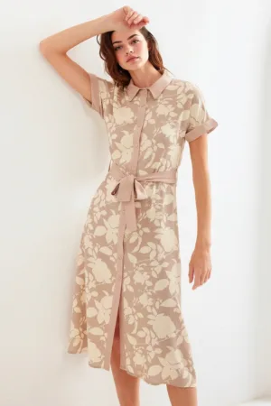 Rochie midi dama  imprimeu floral - viscoza - Bej Natural -