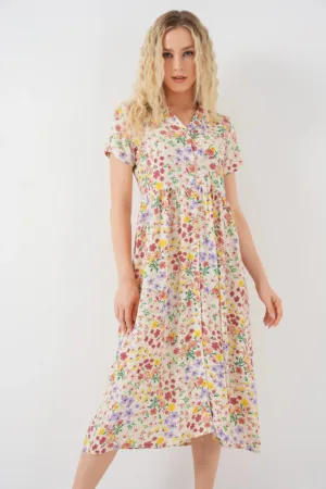 Rochie midi dama -  imprimeu floral - viscoza - multicolor