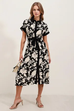 Rochie midi dama  imprimeu floral - viscoza - Negru -