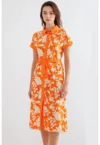 Rochie midi dama  imprimeu floral - viscoza - portocaliu/crem