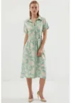 Rochie midi dama  imprimeu floral - viscoza - verde/bej