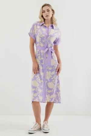 Rochie midi dama HiCCUP - imprimeu floral - viscoza - violet/crem