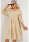 Rochie midi dama  maneci trei sferturi - viscoza/nylon - bej