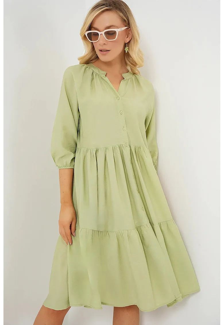 Rochie midi dama HiCCUP - maneci trei sferturi - viscoza/nylon - verde