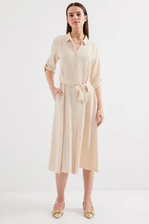 Rochie midi dama HiCCUP - poliester/lycra - cu guler camasa si cordon - bej