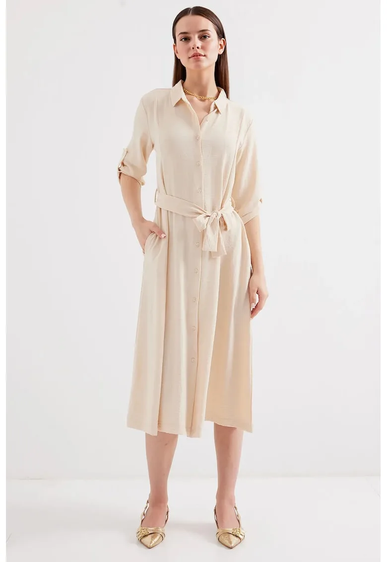 Rochie midi dama HiCCUP - poliester/lycra - cu guler camasa si cordon - bej