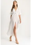 Rochie midi dama -  textil - decolteu in V - cu slit - alb