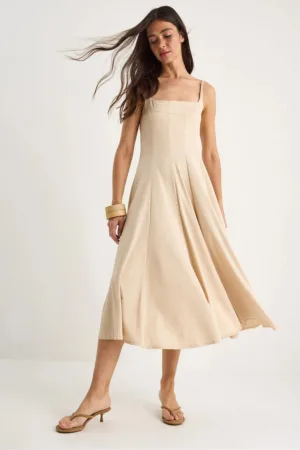 Rochie midi dama -  textil - decolteu patrat - bej