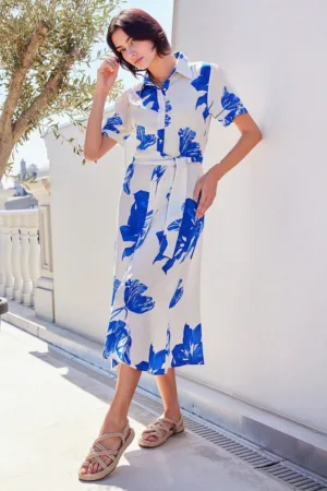 Rochie midi dama HiCCUP - viscoza - imprimeu floral - albastru/alb