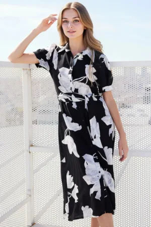 Rochie midi dama HiCCUP - viscoza - imprimeu floral - alb/negru