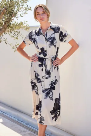 Rochie midi dama HiCCUP - viscoza - imprimeu floral - bej/bleumarin