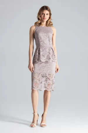 Rochie midi - dantela - bej - poliester -
