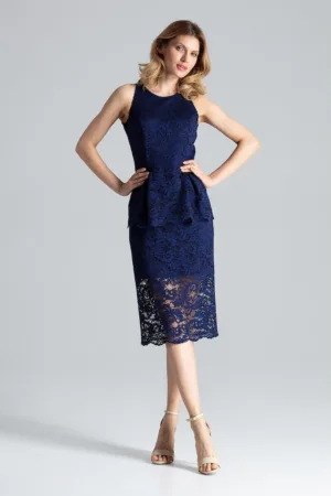 Rochie midi - dantela - bleumarin - poliester -