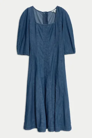 Rochie midi de bumbac cu decolteu patrat