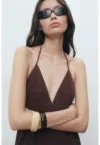 Rochie midi de bumbac texturat cu decolteu in V