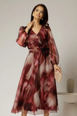 Rochie midi de ocazie bordo din voal cu imprimeuri bej