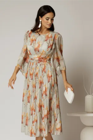 Rochie midi de ocazie cu imprimeuri caramizii din voal peliculizat cu perle pe talie