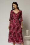 Rochie midi de ocazie cu imprimeuri magenta din matase naturala