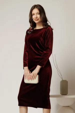 Rochie midi de ocazie din catifea cu lurex bordo