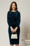 Rochie midi de ocazie din catifea cu lurex turcoaz