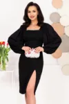 Rochie midi de ocazie neagra cu maneci din voal si accesoriu cu strassuri